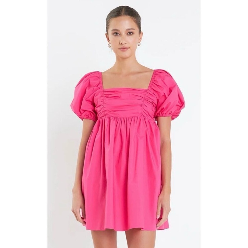English Factory Pink Poplin Ruched Bust Puff Sleeve Mini Dress Size Medium